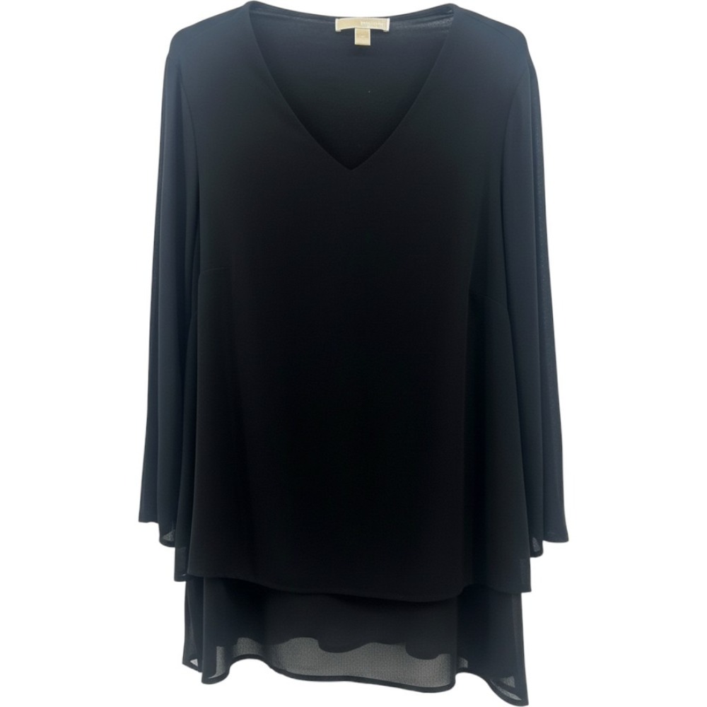 Whimsical Michael Kors Women 2X Black Layered V-Neck Mixed Media Long Sleeve Top